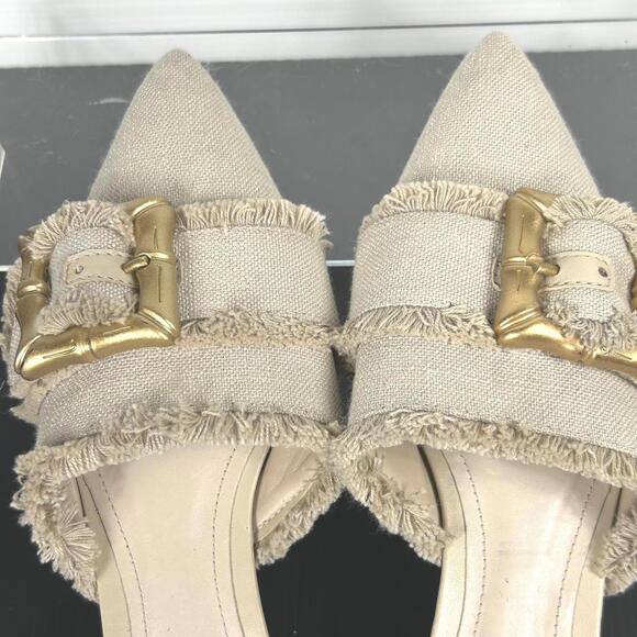 Schutz size 6.5 B Beige Frayed Mules Gold tan canvas Buckle Womens - Picture 7 of 13
